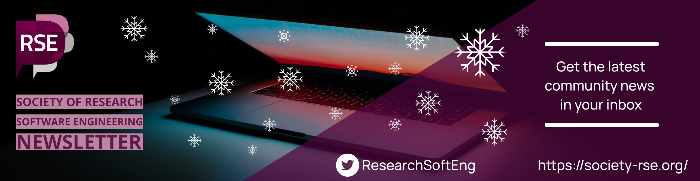 A laptop half open with surrounding text describing the Society of RSE newsletter with snowflakes