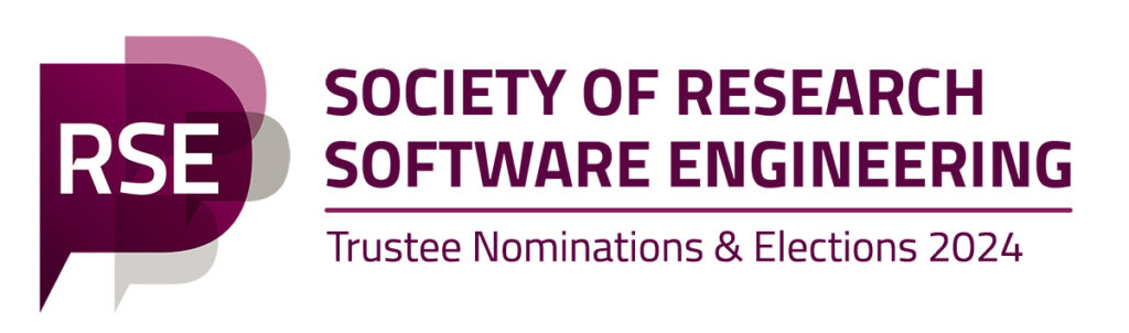 The Society of Research Software Engineering Logo, next to purple text which includes the phrase "Trustee Nominations and Elections 2024".