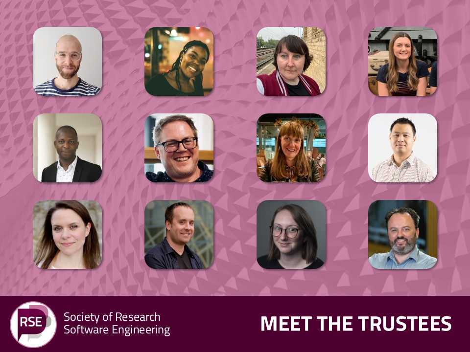 A purple banner featuring the Society Logo along with the text "Meet the Trustees". Above it are 12 photos of the current trustees. Top row: Stef Piatek, Abie Alexander-Ikuwe, Samantha Ahern. Middle row: Lyndsey Ballantyne, Godwin Yeboah, David Beavan, Gillian Sinclair, Twink Karmakharm. Bottom row: Mary Chester-Kadwell, Mike Simpson, Fliss Guest, Martin O'Reilly