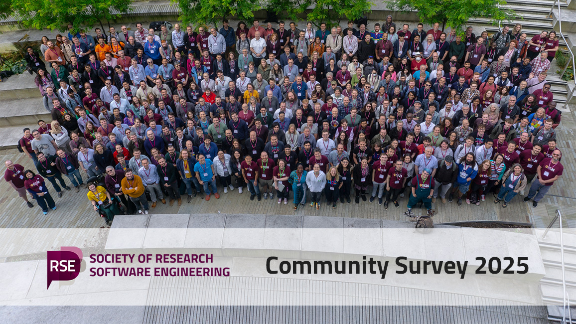 The group photo from RSECon24 in Newcastle. 400 people are smiling up at the camera. Underneath the group shot is a white banner with the Society of RSE Logo and the text "Community Survey 2025".