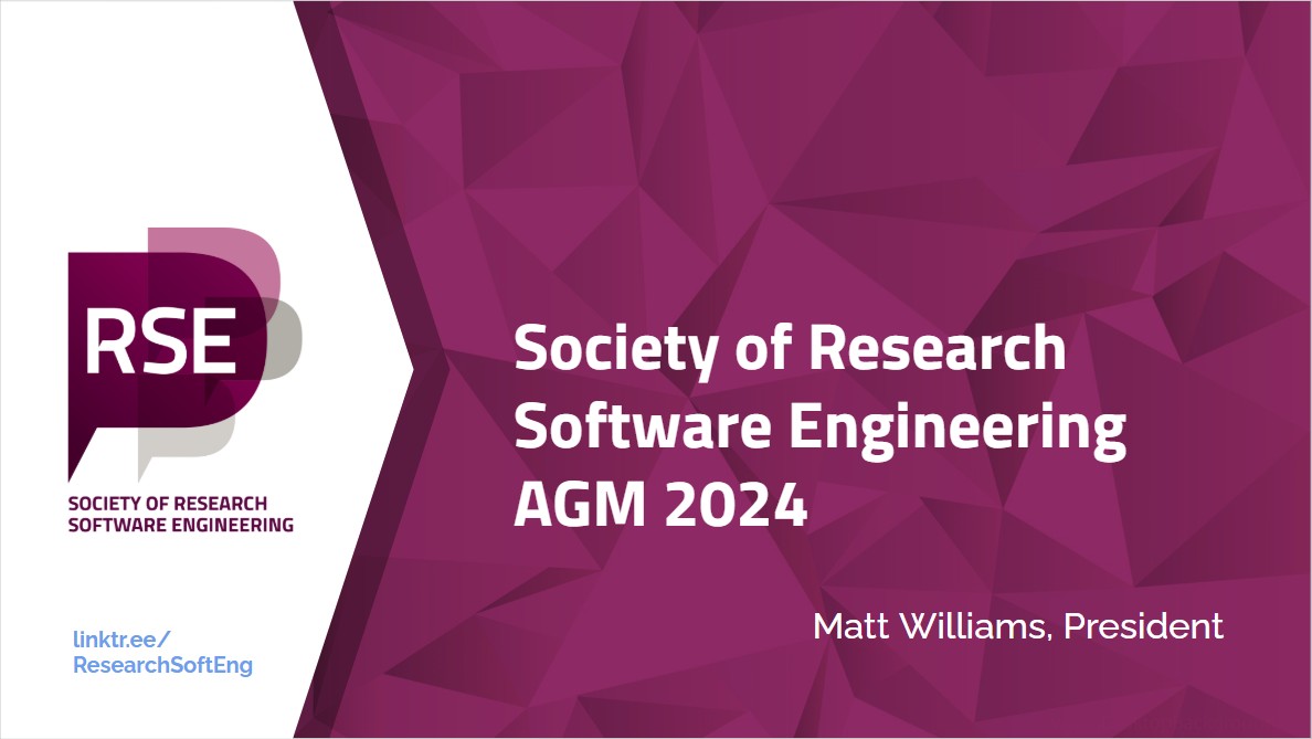 The title slide from the Society of Research Software Engineering AGM 2024