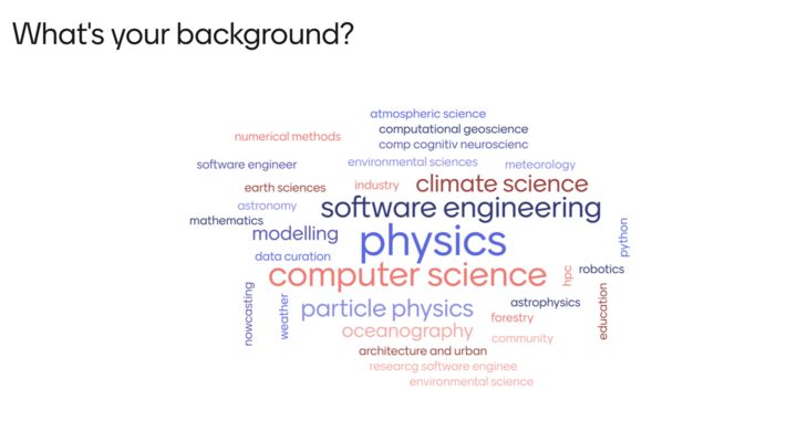 A word cloud showing the background of participants, the biggest words being physics, software engineering, computer science and climate science.