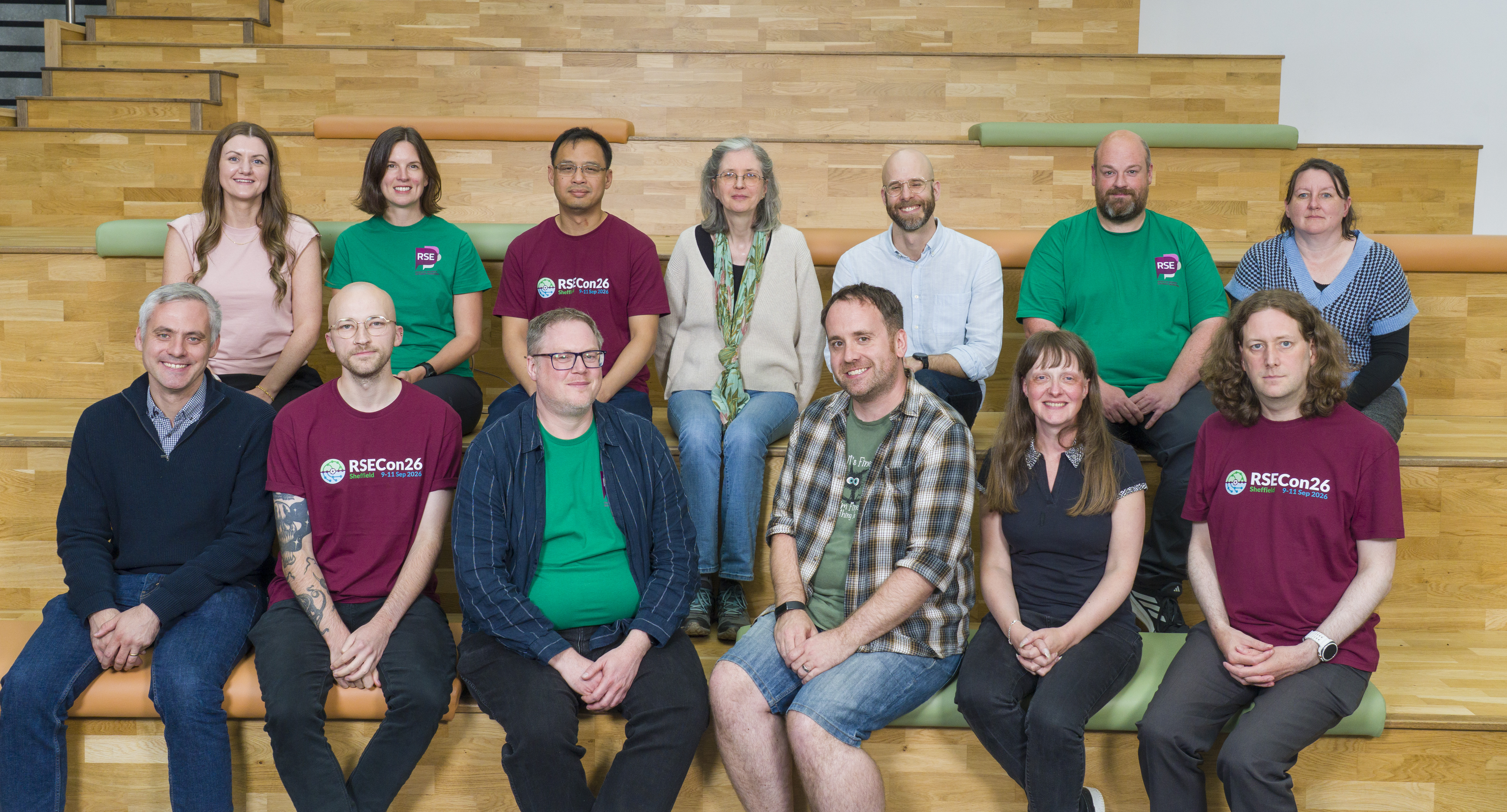 A photo of some of the current, new and outgoing trustees at RSECon26.
Back row: Lyndsey Ballantyne, Christine Stawitz, Twin Kharmakharm, Elen Breitmoser, Stef Piatek, Mark Basham, Samantha Ahern.
Front row: Ryan Pepper, James Tyrrell, David Beavan, Mike Simpson, Gillian Sinclair, Iain Barrass